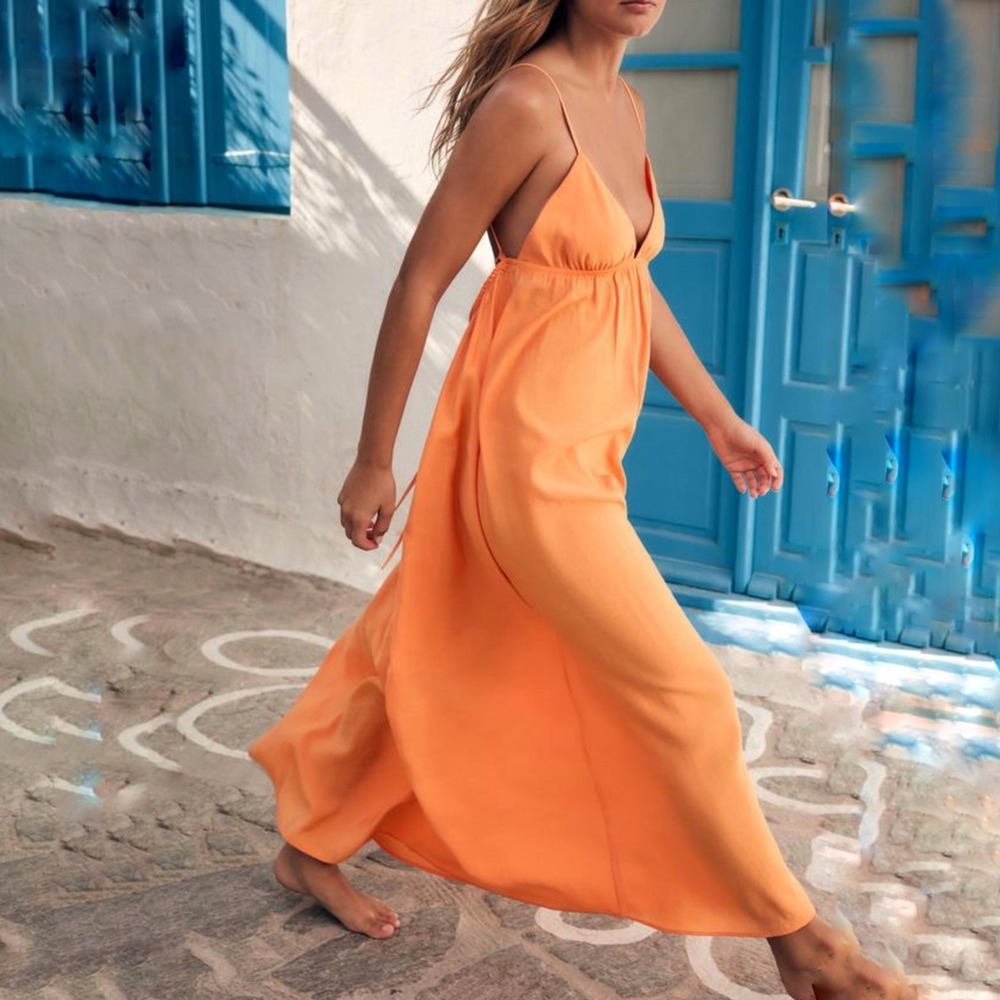 Zara Orange Spaghetti-Strap Maxi Dress